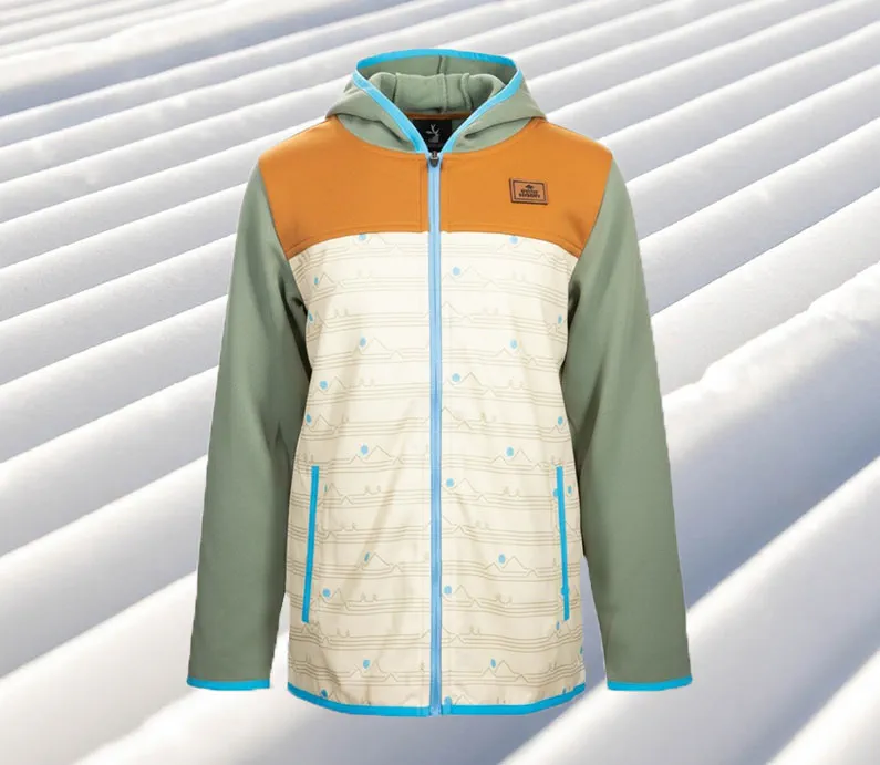 Multicolored jacket with orange, green, and beige sections with a light blue full zip zipper and a leather Snow Summit patch on chest.