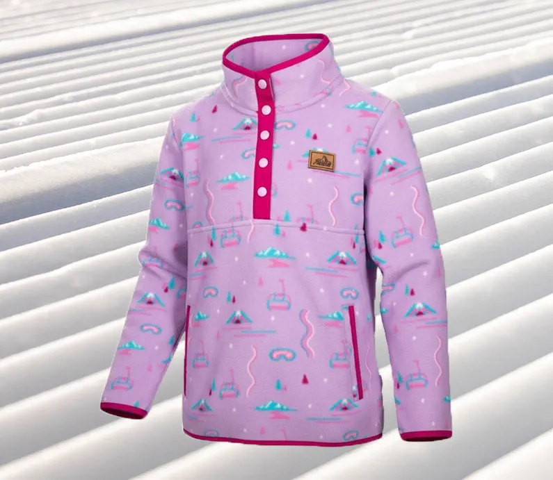 A fuchsia color button up half zip fleece jacket with mountains, goggle, and chairlift design and a leather Snow Valley patch on chest.