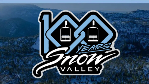 Blue overlay on a ski resort image with the Snow Valley logo for the 100 year anniversary