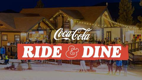 Coca-Cola Ride & Dine overlay on a evening photo of Snow Summit's Slopeside Speakeasy with folks on the deck and slopes with snow gear.