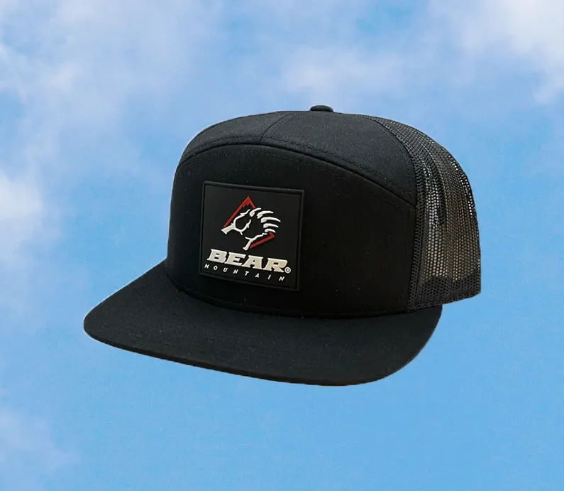 Black flat bill hat with rubber patch and Bear Mountain logo featuring a bear claw.