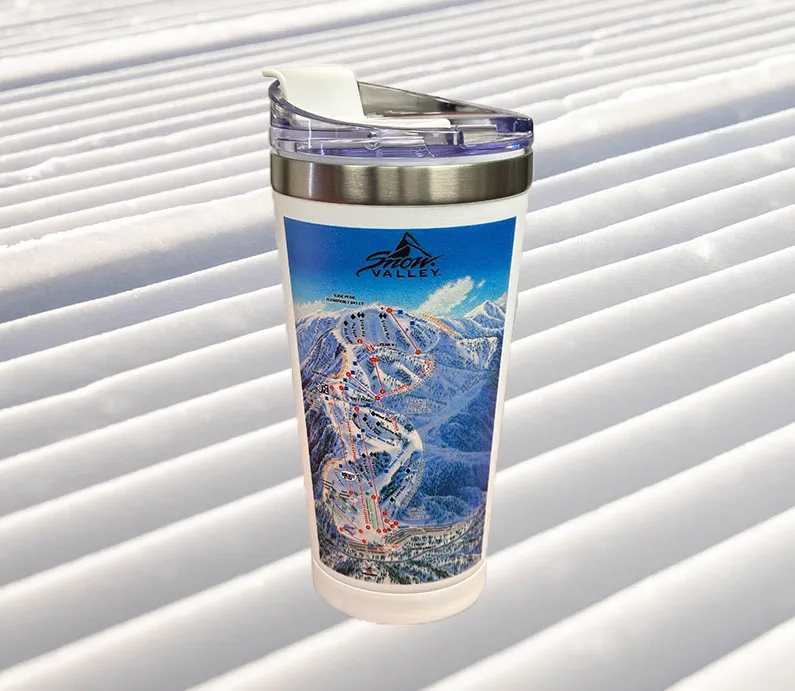 Stainless steel tumbler with Snow Valley winter trail map wrap.