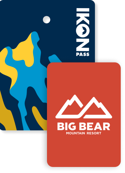 Collage of season passes, Ikon Pass creative in the back, and a Big Bear Mountain Resort pass in front