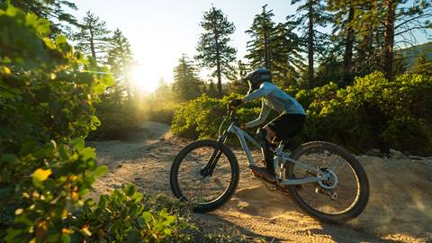 A mountain biker on a grey bike in a full face helmet, long sleeve shirt, and shorts riding a trail at Snow Valley as the sun sets