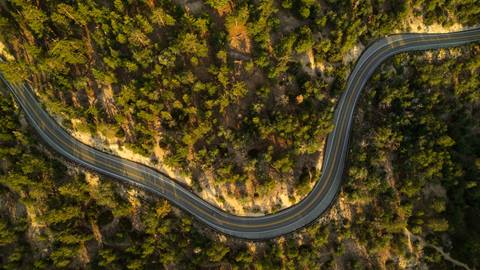 Drone image above a mountain highway at sunset with forest trees along both sides leading to Big Bear Mountain Resort.
