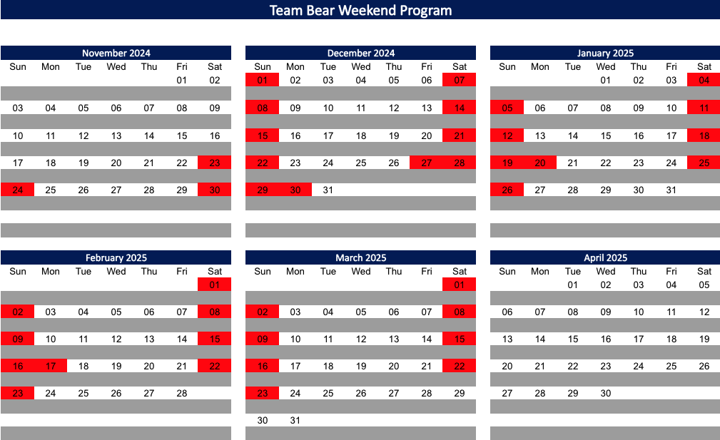 Team Bear weekend team schedule for 24/25 winter