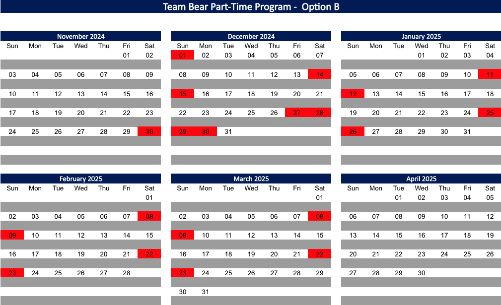 Team Bear part B team schedule for 24/25 winter