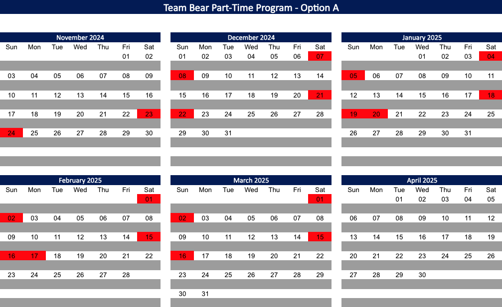 Team Bear part A team schedule for 24/25 winter