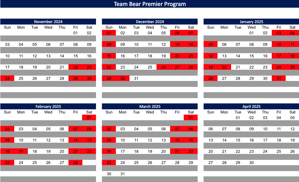 Team Bear premier team schedule for 24/25 winter